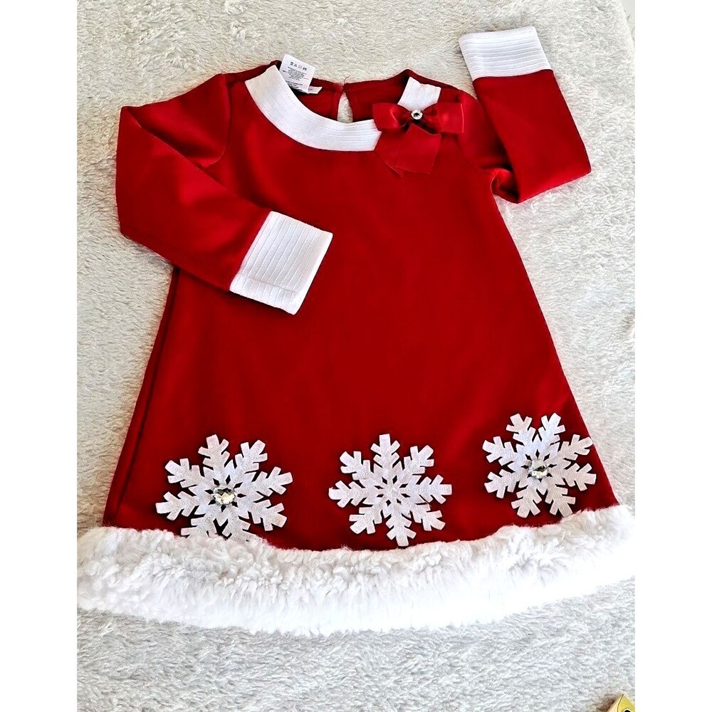 Bonnie Jean Girls 5 Christmas Dress Red Snowflake Faux Fur Bow Holiday Party